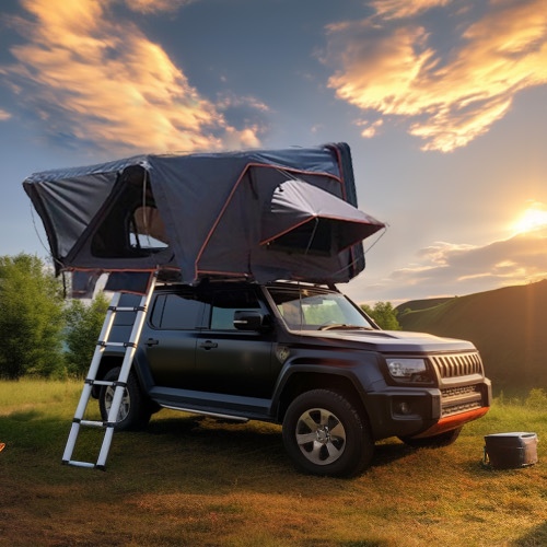 Camping in the wild, the sunset reflects the nature, and the roof tent warms you