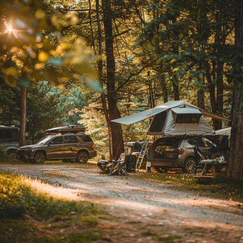 Wild camping, rooftop tent blends into nature and enjoys wild fun