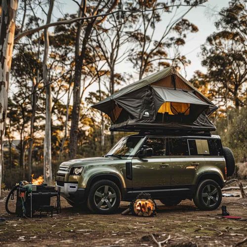 Wild camping, roof tent blends into nature and enjoys the wild fun